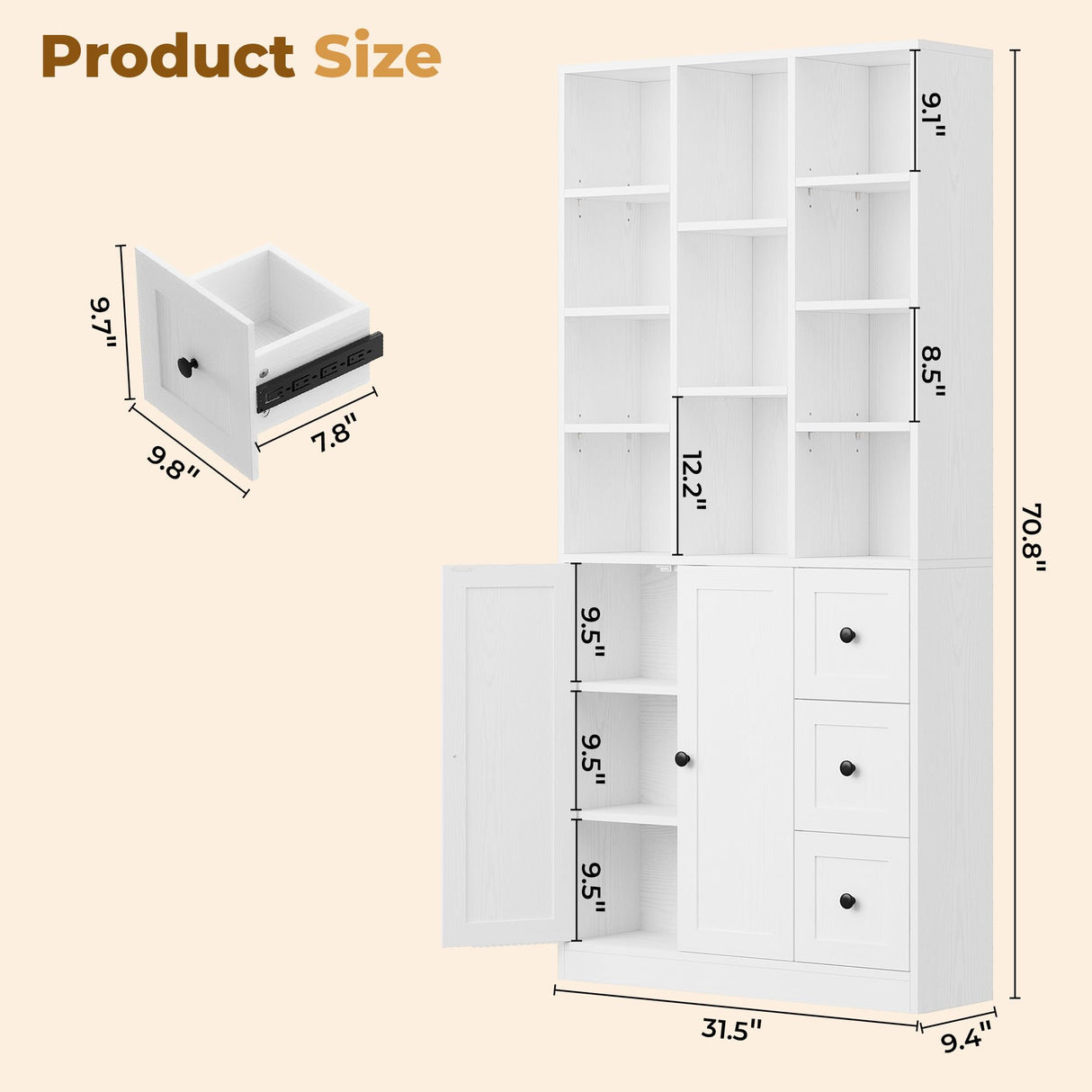IRONCK Bookshelf and Bookcase with Doors and Drawers, 71" Tall 7 Tier Bookshelf with Display Storage Shelves for Home Office, White IRONCK