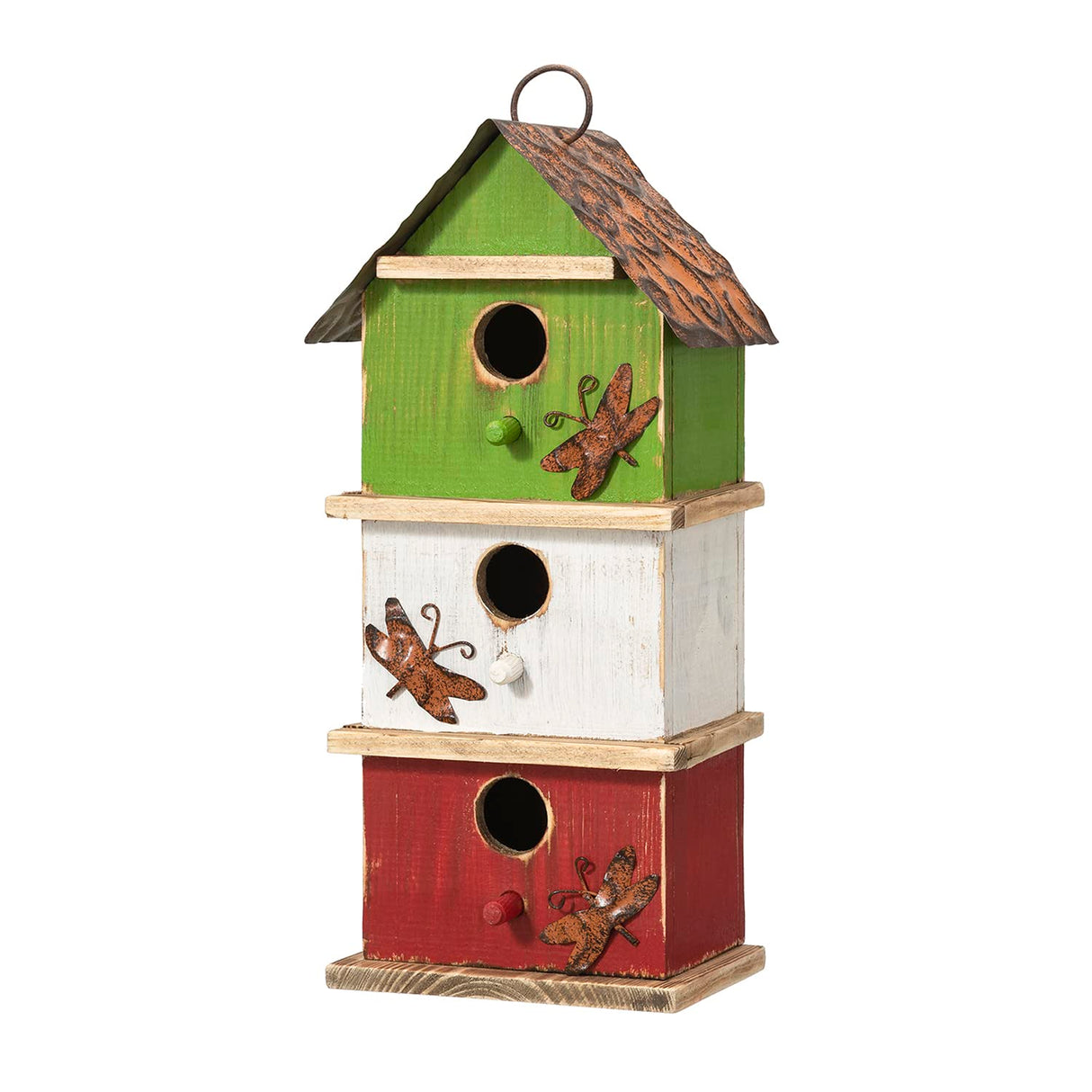Glitzhome 13.75" H Multicolored Three-Tiered Distressed Solid Wood Birdhouse Garden Hanging Bird House for Outdoors Glitzhome