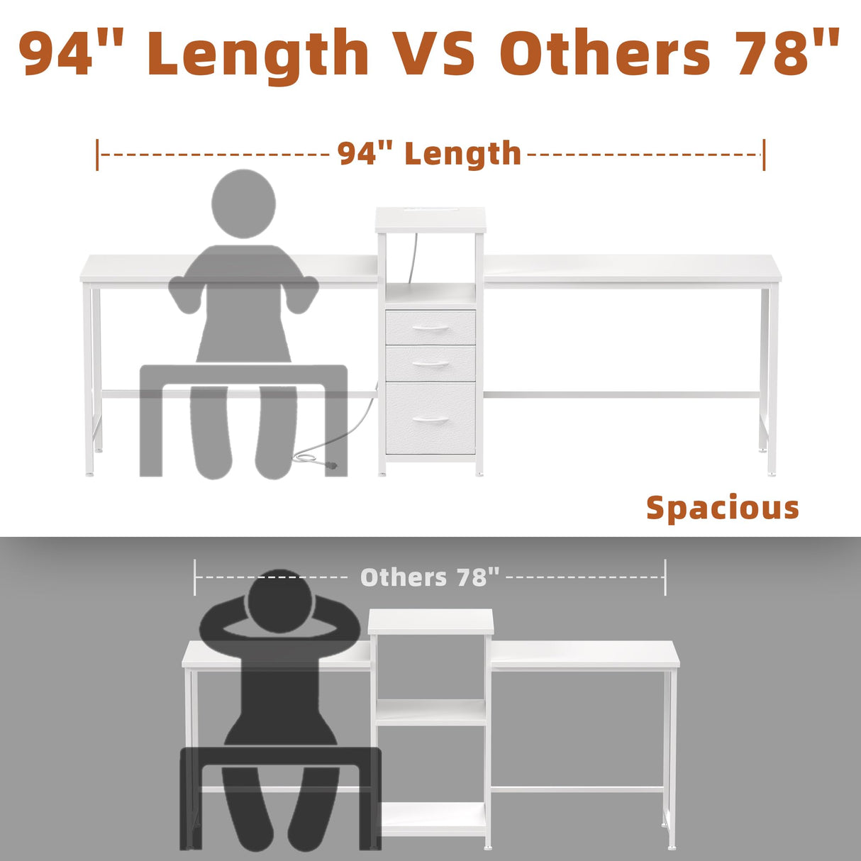 GYIIYUO 94'' Two Person Desk with Charging Station, Long Desk with 3 Fabric Drawers and Printer Shelf, Double Computer Desk, 2 Person Writing Study Table Workstation for Home Office, White GYIIYUO