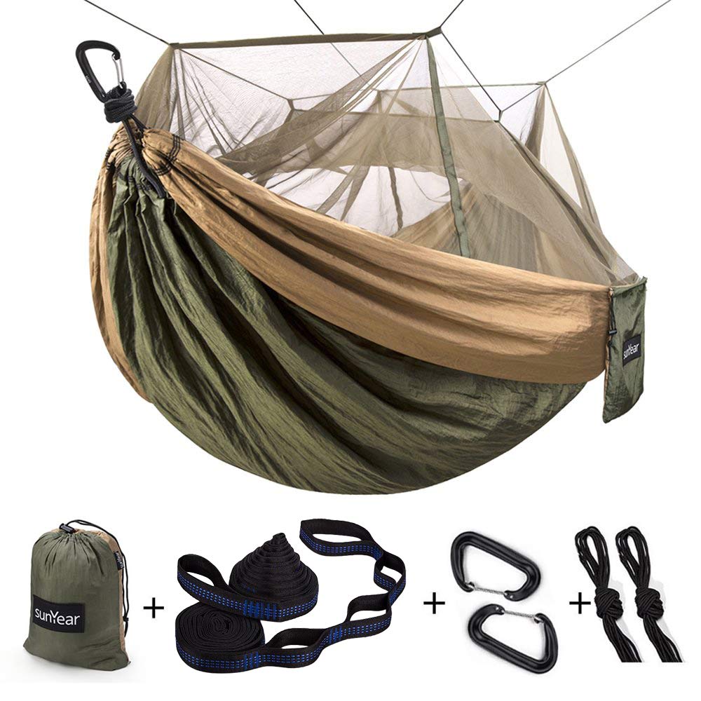 Sunyear Camping Hammock, Portable Single & Double Hammock with Net, 2 Person Hammock Tent with 2 * 10ft Straps, Best for Outdoor Hiking Survival Travel Sunyear