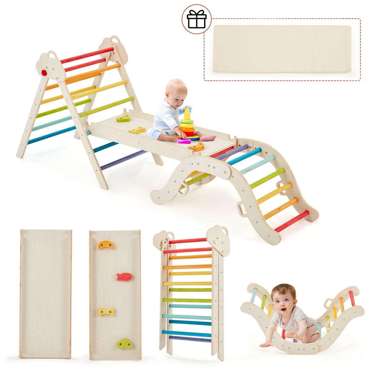 HOMMOW 7-in-1 Pikler Triangle Set with Cushion, Wooden Pikler Triangle Climbing Set with Arch, Ramp & Ladder, Large Foldable Montessori Jungle Gym, Indoor Climbing Toys for Toddlers-Rainbow HOMMOW
