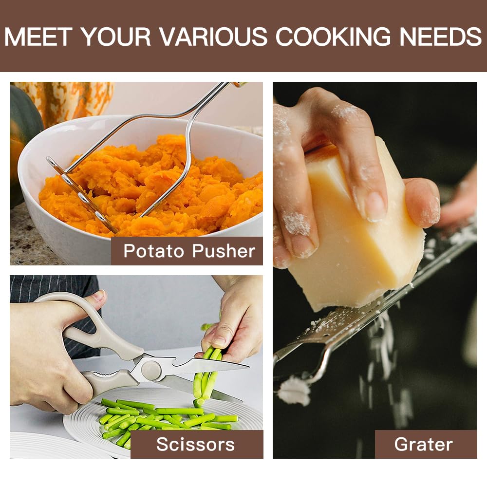 Kitchen Utensils Set-Silicone Cooking Utensils-33pcs Non-Stick Silicone Cooking Kitchen Utensils Spatula Set with Holder-Best Kitchen Cookware with Stainless Steel Handle (Khaki) BESTZMWK