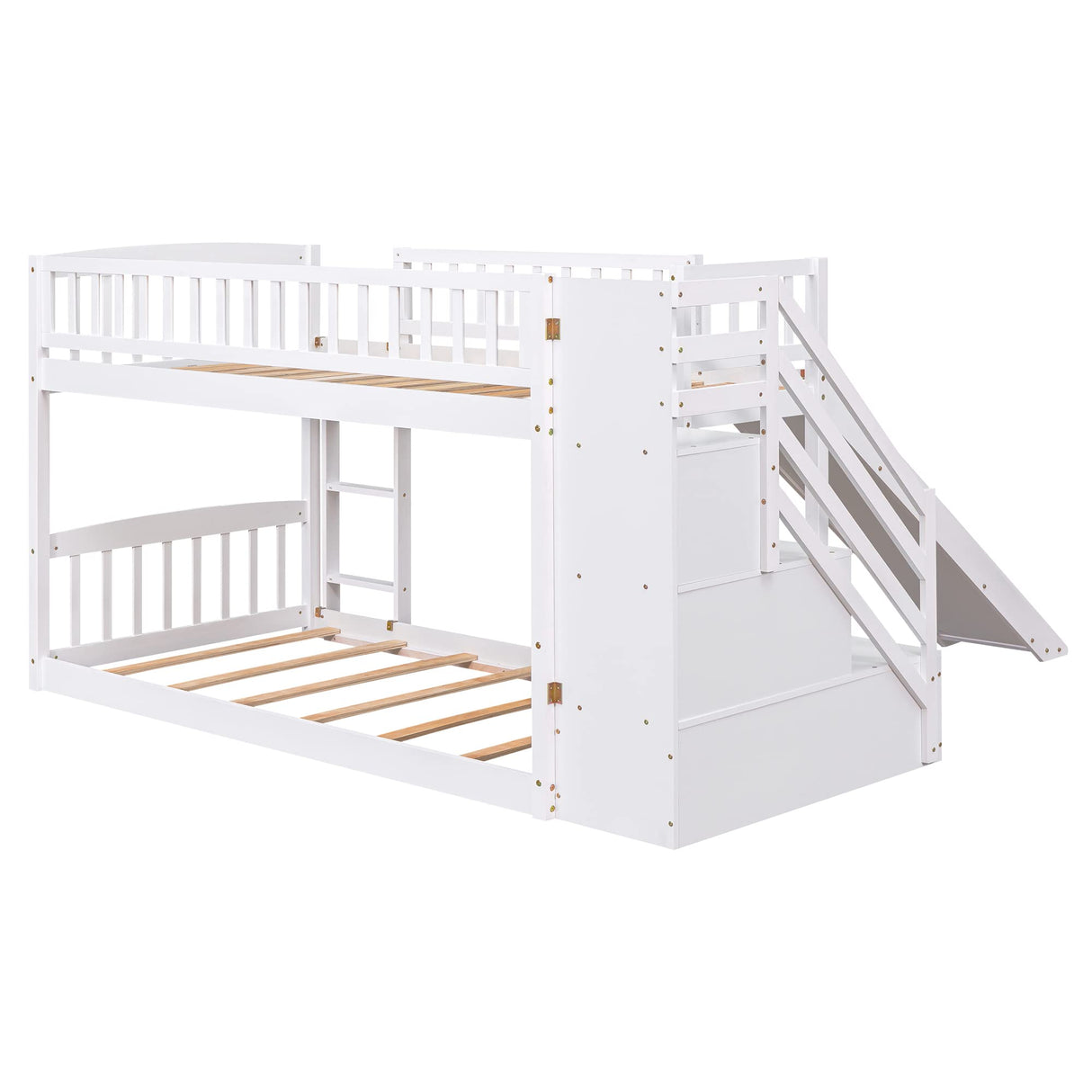 CITYLIGHT Kids Bunk Bed with Slide and Stairs, Twin Over Twin Bunk Bed with 3 Drawers, Floor Bunk Bed for Kids, Wooden Bunk Bed Frame, White CITYLIGHT