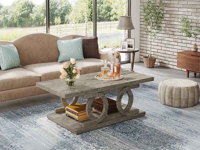 Tribesigns Farmhouse Coffee Table, 47 Inches Rustic Wood Coffee Table with Storage Shelf for Living Room, 2 Tier Large Rectangle Cocktail Table Center Tea Table Accent Table, Gray Tribesigns