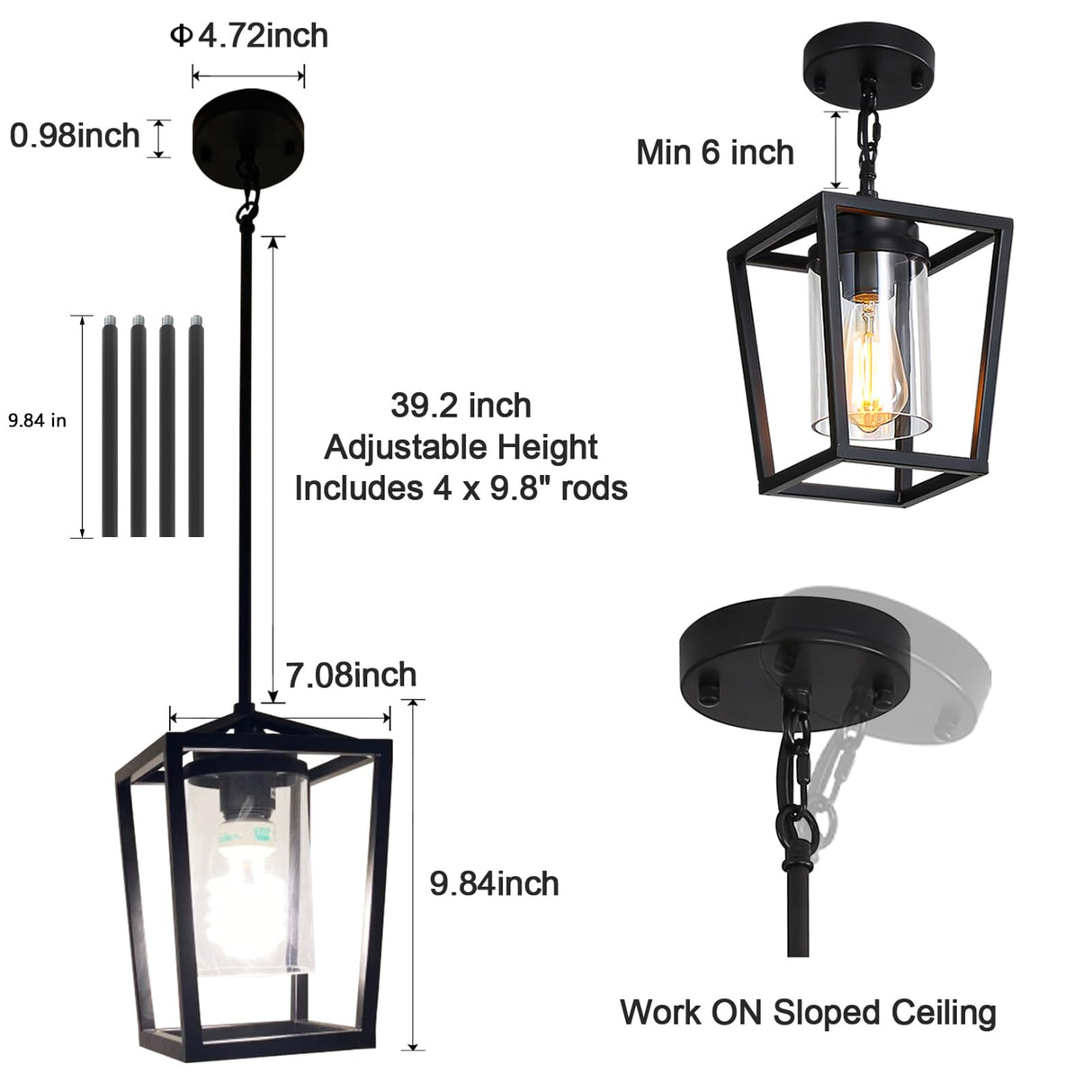 SGLfarmty 1-Light Black Pendant Lights Kitchen Island, Farmhouse Cage Metal Hanging Light Fixtures with Glass Shade,Adjustable Lantern Pendant Lighting for Dining Room, Entryway, Hallway SGLfarmty
