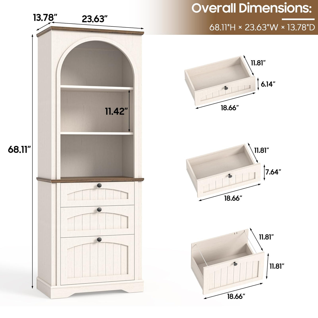 Bookshelf with File Drawers for Letter/A4/Legal Size Hanging Files, 68" Tall Farmhouse Bookcase with 3-Tier Open Shelves, Wood Floor Display Storage Cabinet for Home Office, Living Room, Rustic White Vabches