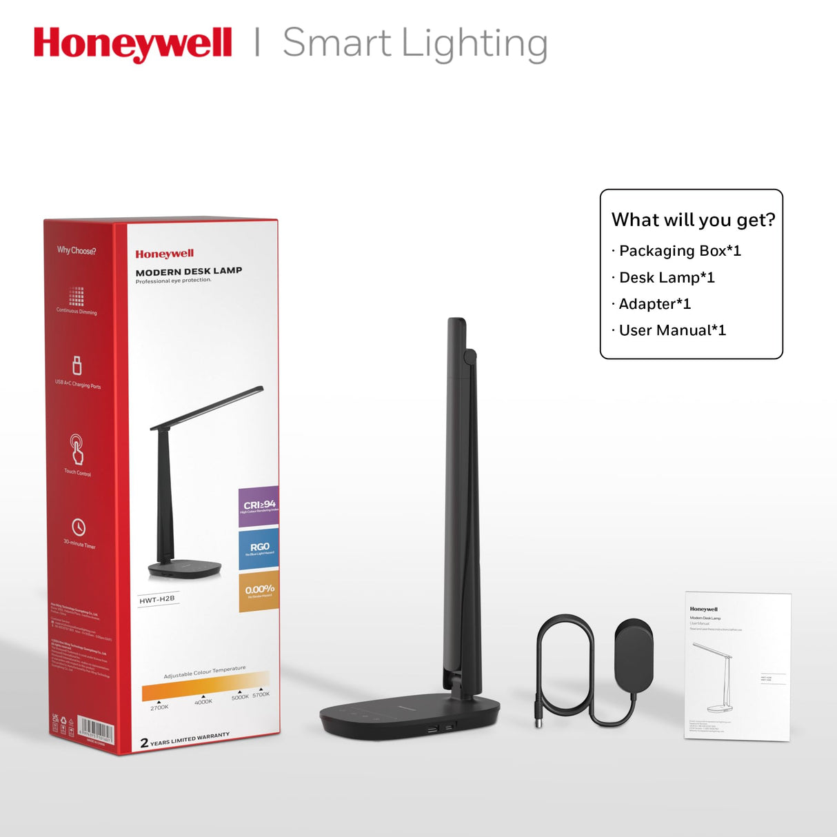 Honeywell Sunturalux™ LED Desk Lamp Dimmable Desk Light with USB A+C Dual Charging Port Eye-Caring Foldable Table Lamp with 4 Color Modes for Home Office Bedroom Reading Study Work HWT-H2B Black Honeywell