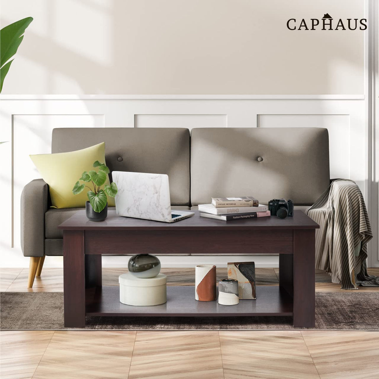 CAPHAUS Lift Top Coffee Table w/Storage, Storage Coffee Table w/Lift Top for Living Room, Rising Tabletop Coffee Table w/Hidden Compartment, Coffee Table w/Bottom Open Shelf, 41" Natural Oak CAPHAUS