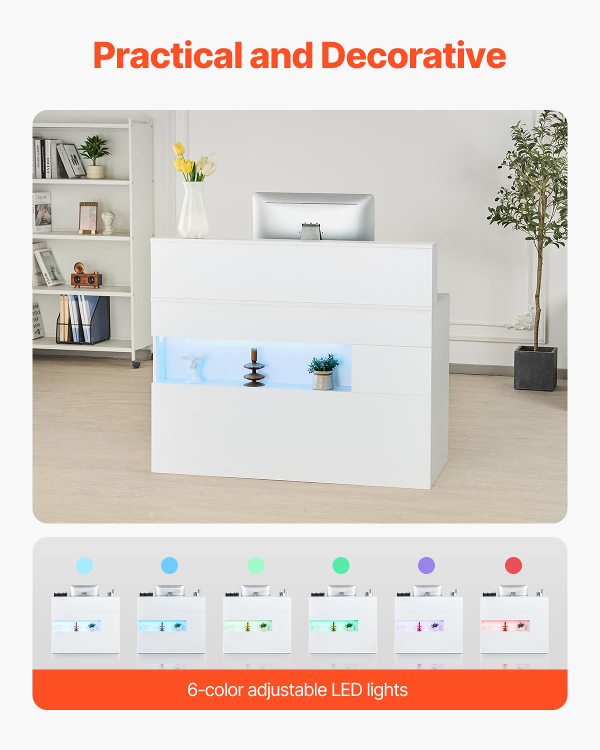 VEVOR Reception Desk, 47 Inch Rectangular Front Counter Table, Office Reception Desk with LED Light, 2 Drawers and Power Outlets, for Checkout, Lobby, Beauty Salon and Office, White VEVOR