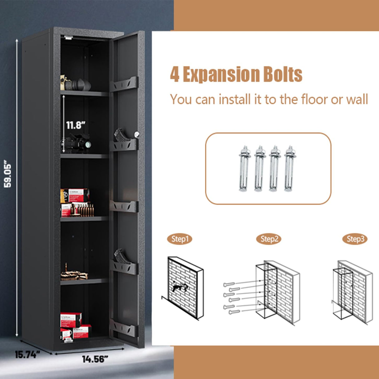 KAER Gun Safe, 59-Inch Tall Gun Cabinet, Home Safe, Large Safe for Home Use, Quick Access, with Drawers and Removable Shelves KAER