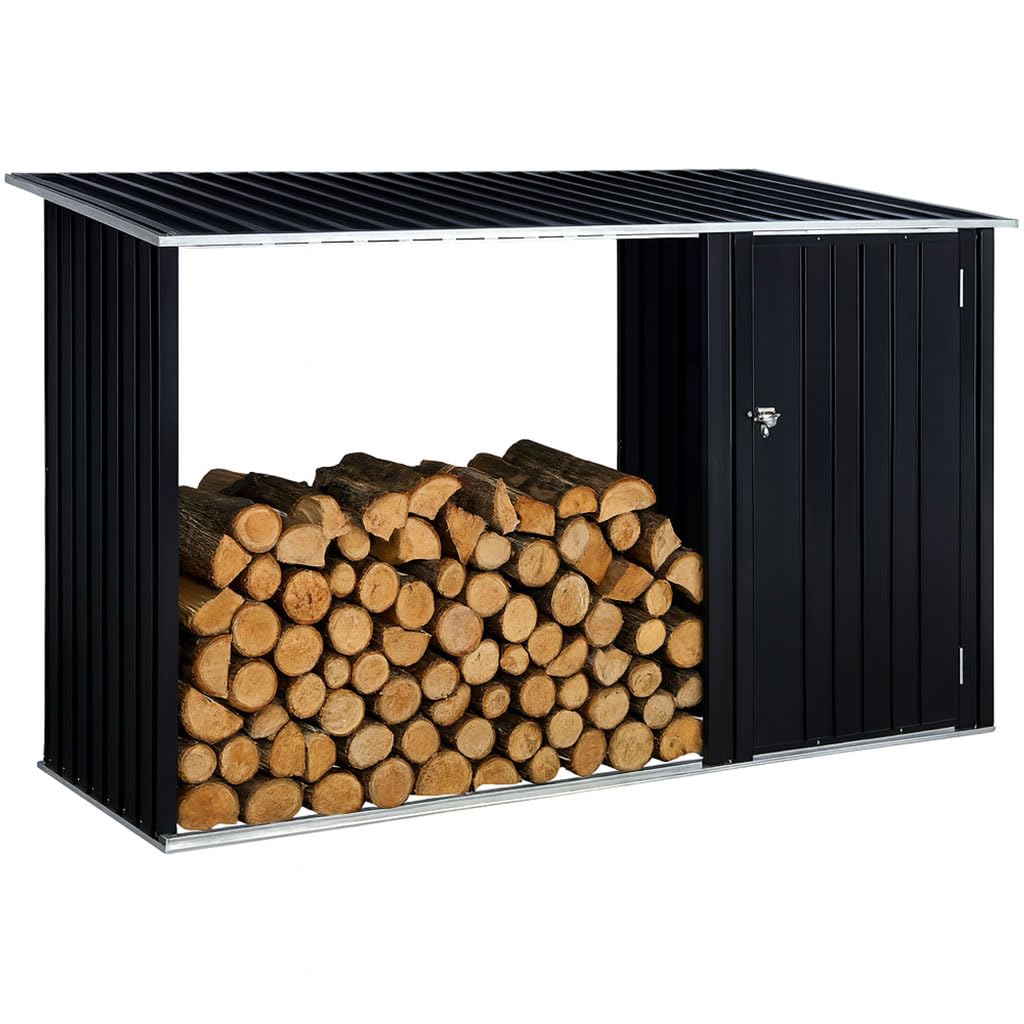 CWKISS 2-in-1 Outdoor Garden Storage Shed with Firewood Rack, Heavy Duty Galvanized Steel Tool Shed with Sloped Roof, Weather-Resistant Backyard Storage for Tools, Equipment & Firewood CWKISS