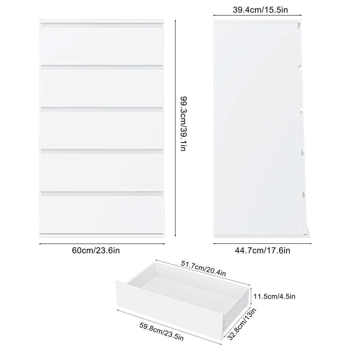 FOTOSOK White Dresser, 5 Drawer Dresser Tall White Dresser with Large Storage Space, Modern Storage Chest of Drawers, 23.6L x 17.6W x 39.1H Inch Storage Organizer Cabinet for Home, White FOTOSOK
