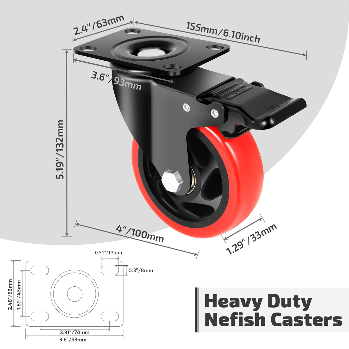 Nefish 4 Inch Industrial Caster Wheels with Brake, Casters Set of 4 Heavy Duty Industrial Grade Casters, Non-Marking Polyurethane Wheels, Workbench Casters 1800 Lbs for Cart, Furniture, Shelving Nefish