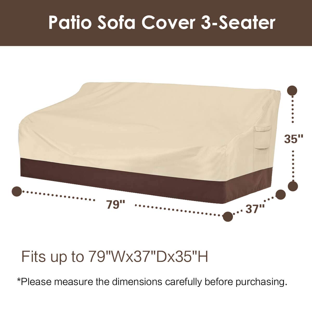 Vailge Heavy Duty Patio Sofa Cover, 100% Waterproof 3-Seater Outdoor Sofa Cover,Lawn Patio Furniture Covers with Air Vent and Handle,79" Wx 37" Dx 35" H,Beige&Brown Vailge