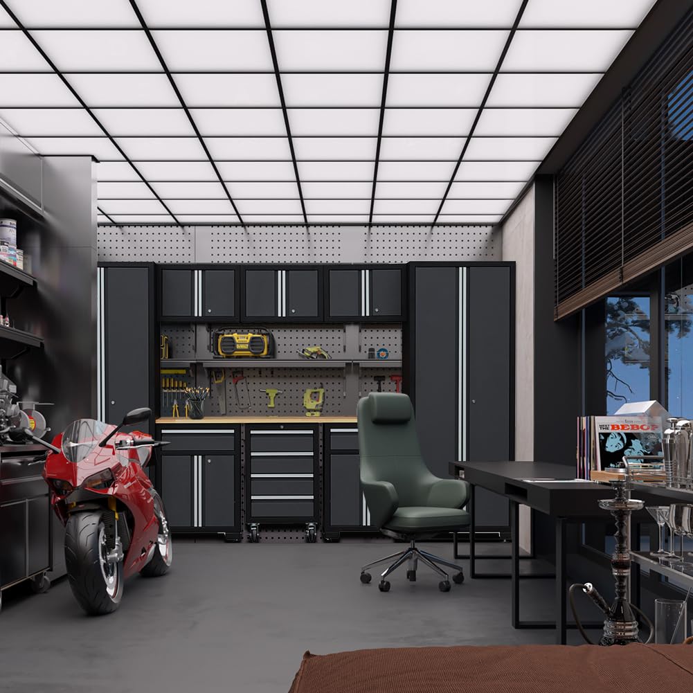 HPDMC 9-Piece Steel Garage Storage Cabinet System with Wooden Work Top, 130 in. L x 18 in. D x 76 in. H Assembled Workshop Chest Cabinet Set in Charcoal Gray HPDMC