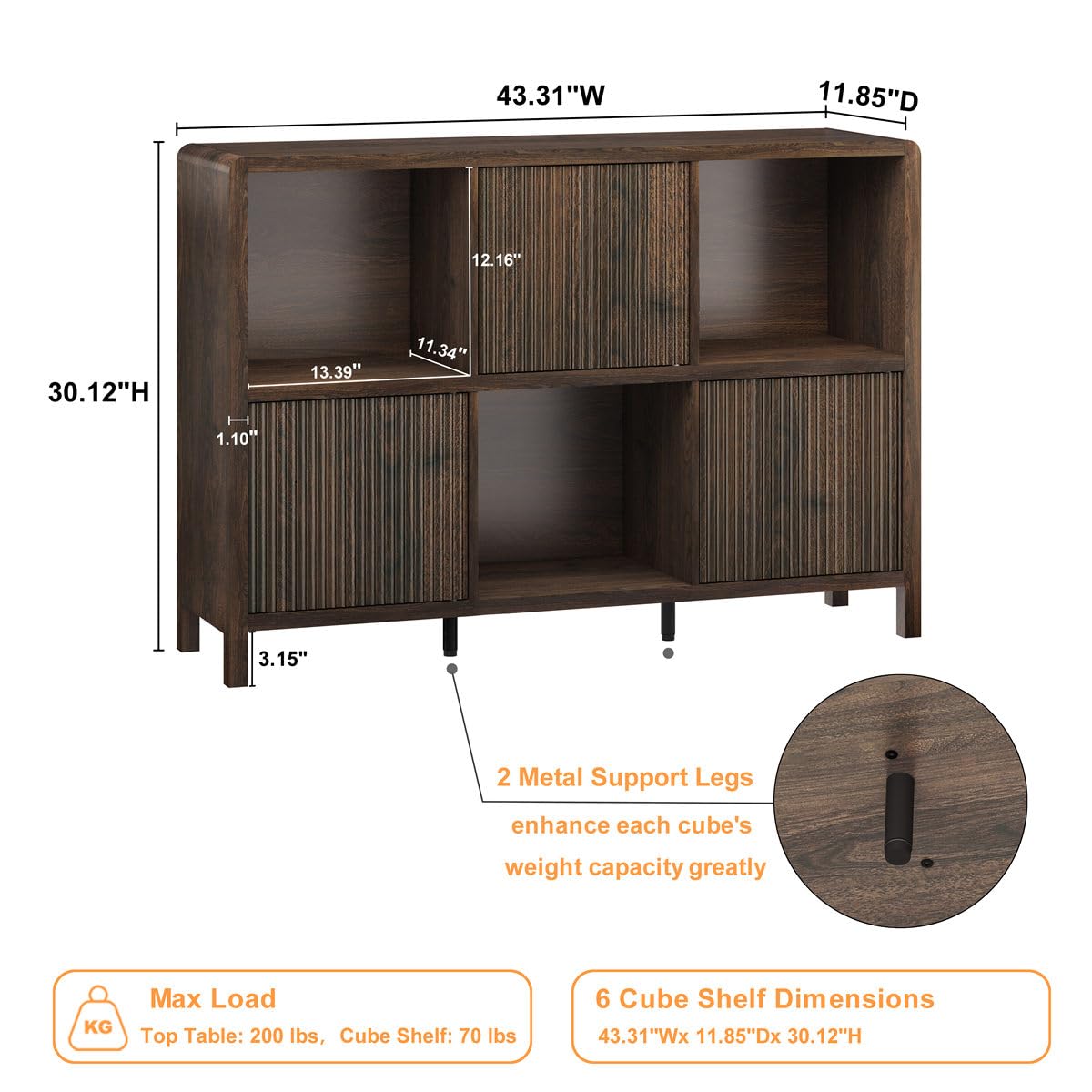 FATORRI 6 Cube Storage Organizer Book Shelf, Horizontal Bookshelf with 3 Doors, 3 Tier Wooden Bookcase for Living Room, Home Office (Dark Walnut) FATORRI