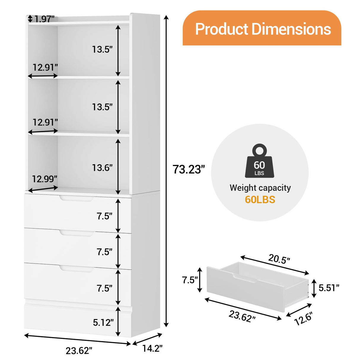Hasuit Tall Bookshelf with Drawers Bookcase with 3 Drawers and 3-Tier Open Shelves Tall White bookshelf with Anti-Tipping Kits Wood bookshelf with Storage for Study Living Room Kitchen Bathroom, White Hasuit