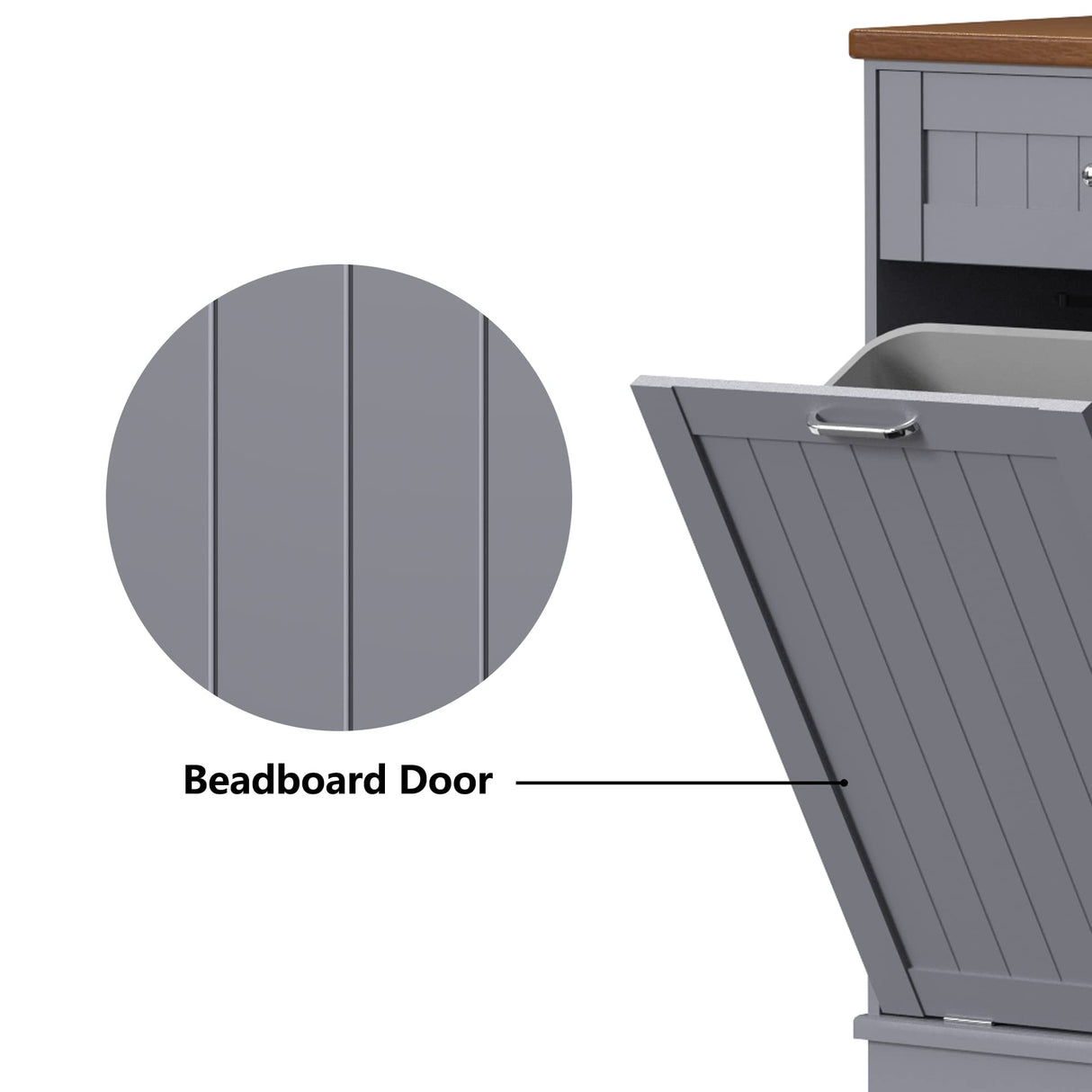 TOLEAD Double Tilt Out Trash Cabinet 20 Gallon,Antique-style Beadboard Trash Can Cabinet Kitchen with Solid Wood Tabletop & Drawer, Pet Proof Trash Can, Wood Laundry Cabinet (Grey) TOLEAD