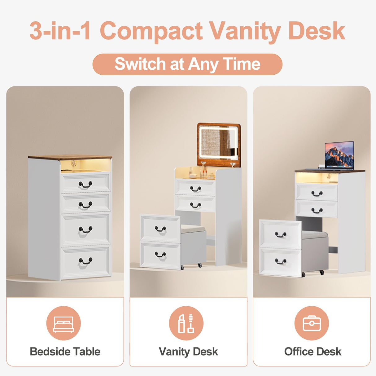 Trygoal 3 in 1 Compact Vanity, Small Dresser Desk with Flip-Top Mirror & Hidden Stool, Farmhouse Vanity Desk with USB Charging Station & 3-Color Lighting, Nightstand with Visible Glass Desktop, White Trygoal