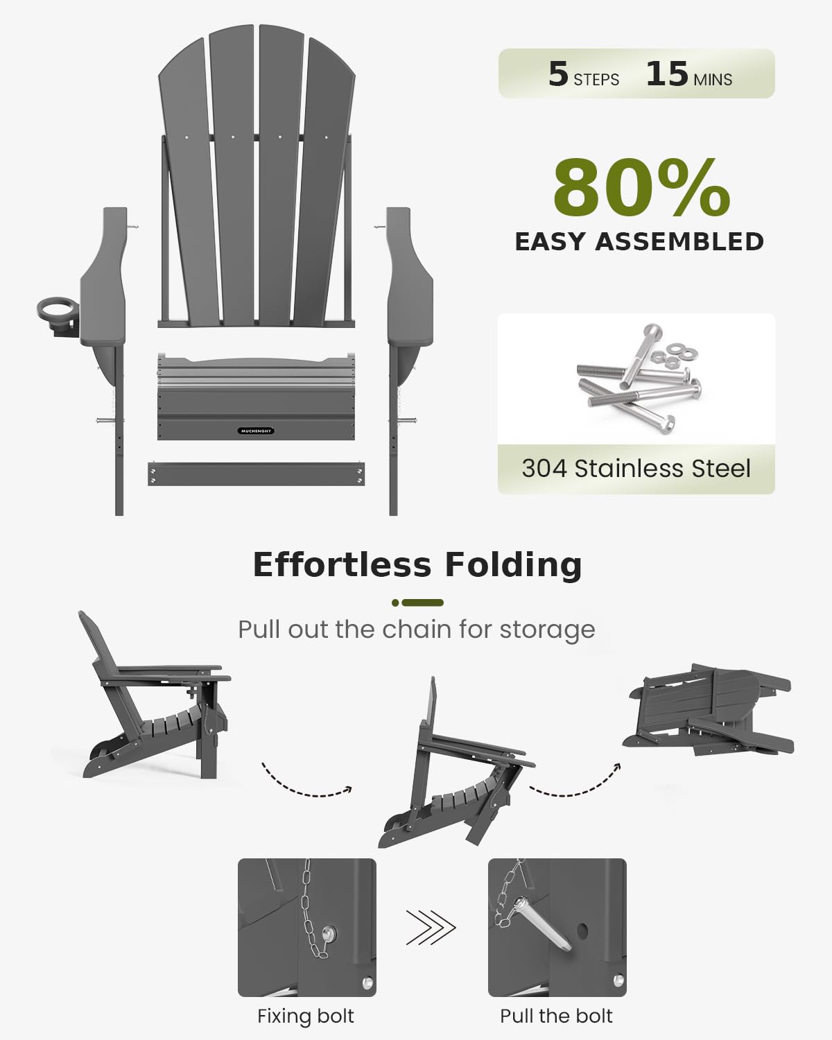 MUCHENGHY Folding Adirondack Chairs HDPE Weather Resistant, Patio Firepit Chairs, Sturdy Outside Chairs, Lawn Chairs, 15min Assembly 380lb Grey MUCHENGHY