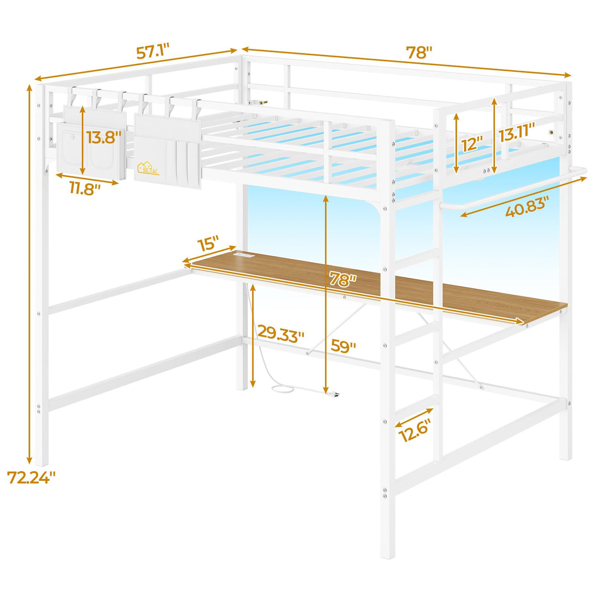 DICTAC Loft Bed Full Size with Desk and Led Lights Metal Full Loft Bed with Power Outlet Full Size Bed Frame with Top Bunk and Safety Guard & Ladder, Space-Saving,No Noise,No Box Spring Needed, White DICTAC