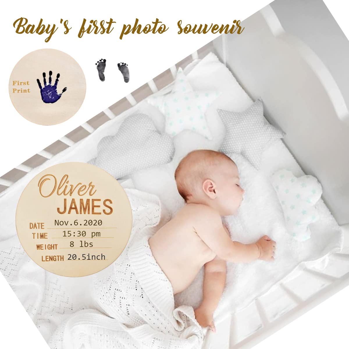 Newborn Announcement Sign Wooden for Baby Name and Birth Details for Hospital Custom Photo Baby Announcement Sign Fingerprint Footprints can be Left Ulico