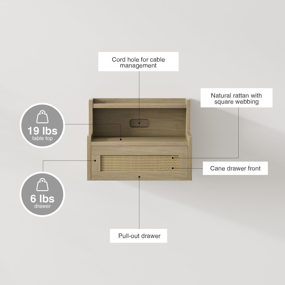 Giluta Floating Nightstand Set of 2 with Drawer & Open Shelf, Small Bedside Table Floating Night Stand for Bedroom Wood Wall Mounted Nightstands Giluta