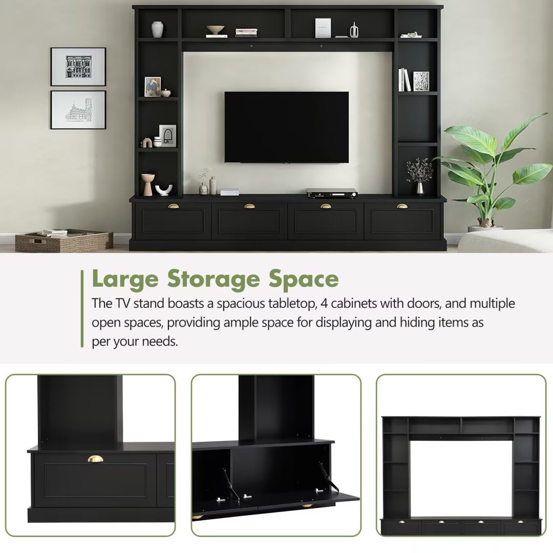 JIJIWANG Large Wall Unit Entertainment Center with Bookshelves for TVs Up to 78'', Modern TV Console with Cabinets and Open Shelves, 4-in-1 TV Stand with Golden Handles, Black, 104.2''W*81.2''H JIJIWANG