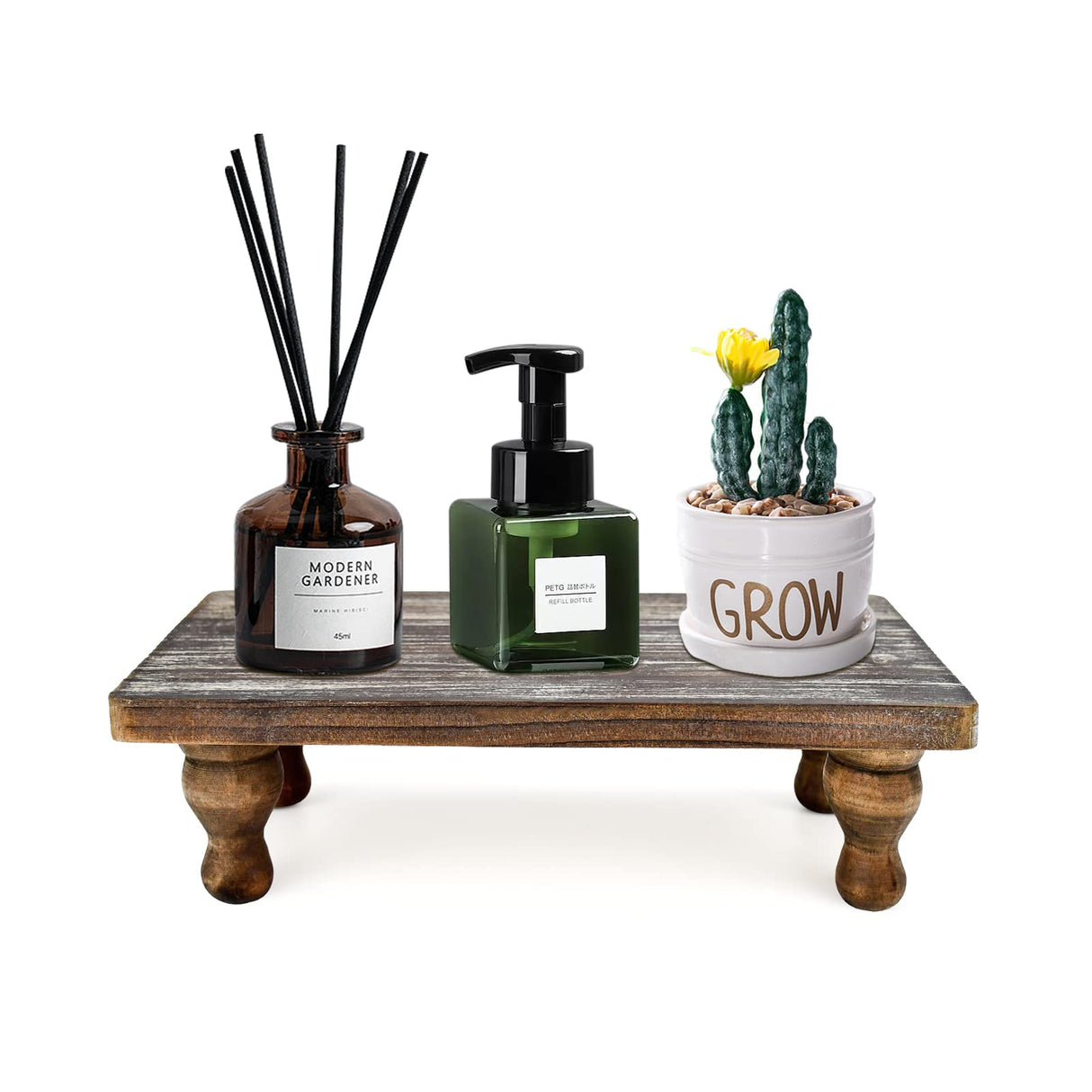 Farmhouse Wooden Riser Decorative Tray with Pedestal Stand Pump Bottle Display Tray for Kitchen Bathroom Counter Rustic Decor Brown Candles Plants Bottle Display Great for Home and Kitchen Decor. OKSQW