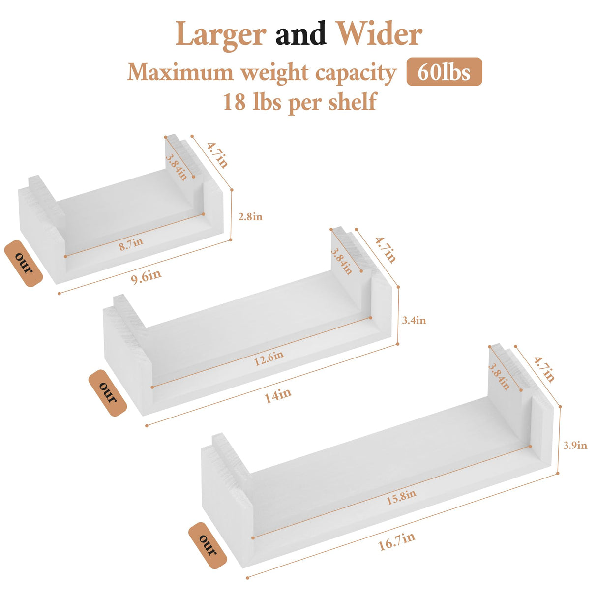 SRIWATANA Floating Shelves Wall Mounted, Solid Wood Wall Shelves, White SRIWATANA
