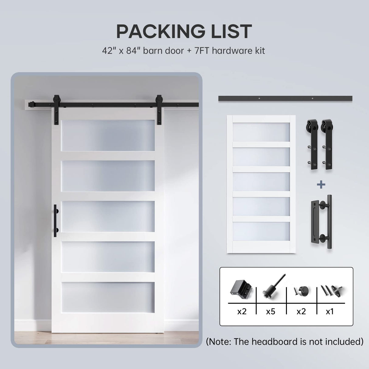 ROYMELO 42x84 Inch Glass Sliding Barn Door Slab and 7ft Hardware Kit Included, 5 Frosted Glass, LVL Wood Panel Covered with White Water-Proof Scratch-Proof PVC Surface, Simple DIY Assembly ROYMELO