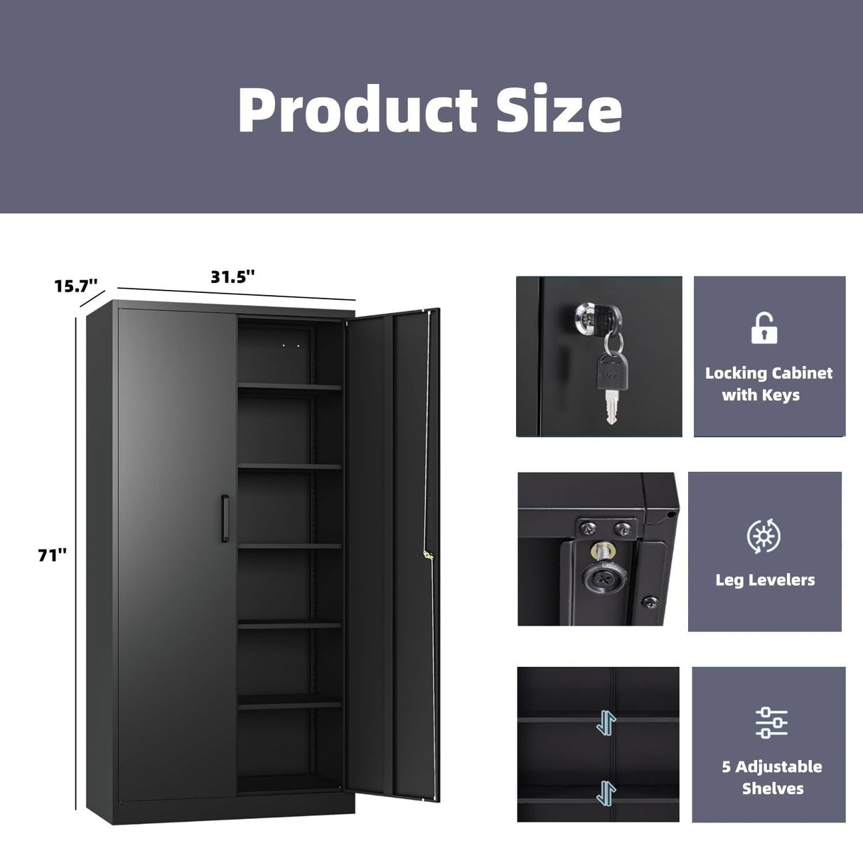 Approgreent Steel Storage Cabinet with 5 Adjustable Shelves, Garage Shelving Cabinet with 2 Lockable Doors, Tool Cabinet for Garage Storage, Pantry Cabinet - 71'H, Black Approgreent