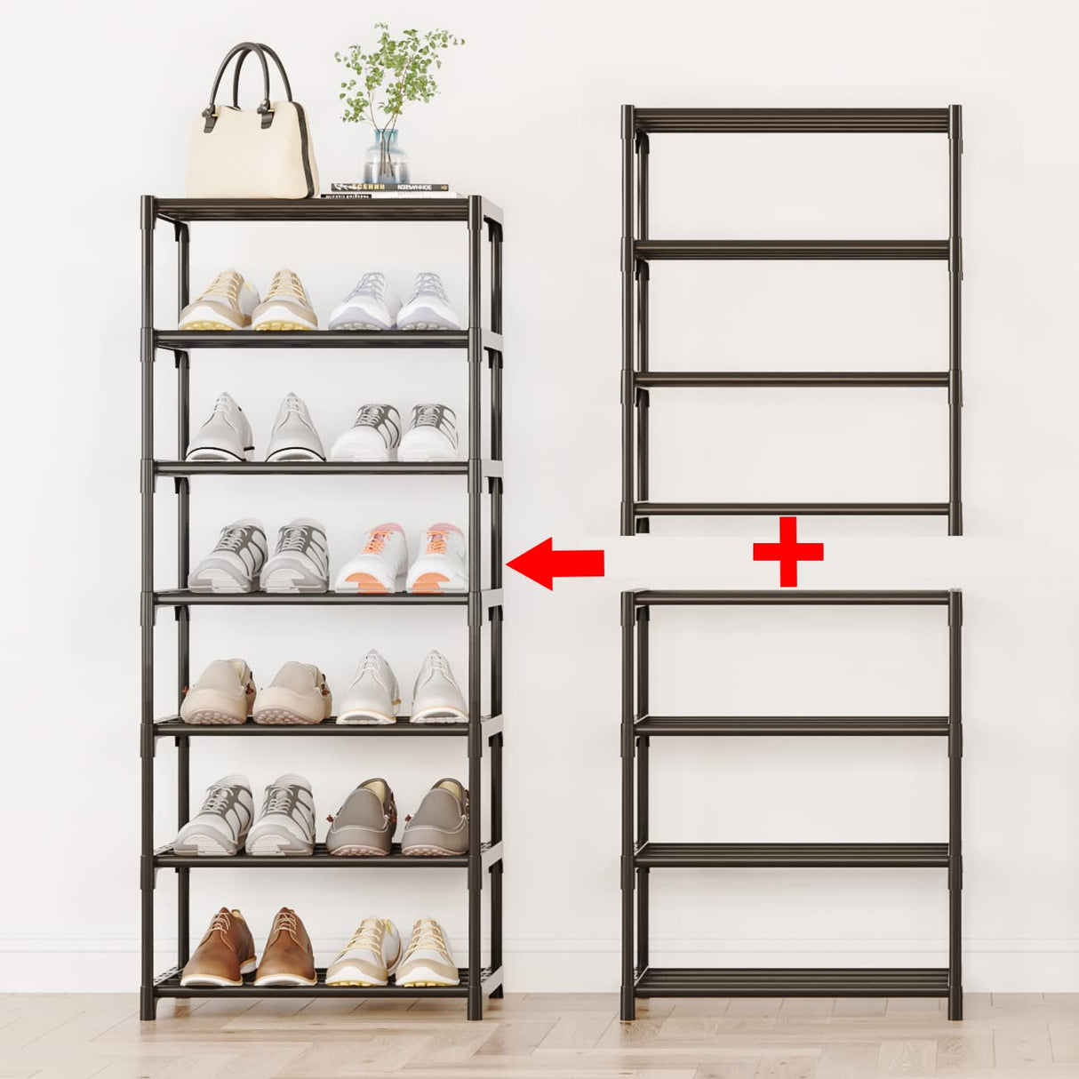 4-Tier Small Shoe Rack, Metal Stackable Kids Shoe Shelf Storage Zapateras Organizer,Narrow Shoe Rack Sturdy for Closet Hallway Entryway Living Room Bedroom (Black) SOKOSEN