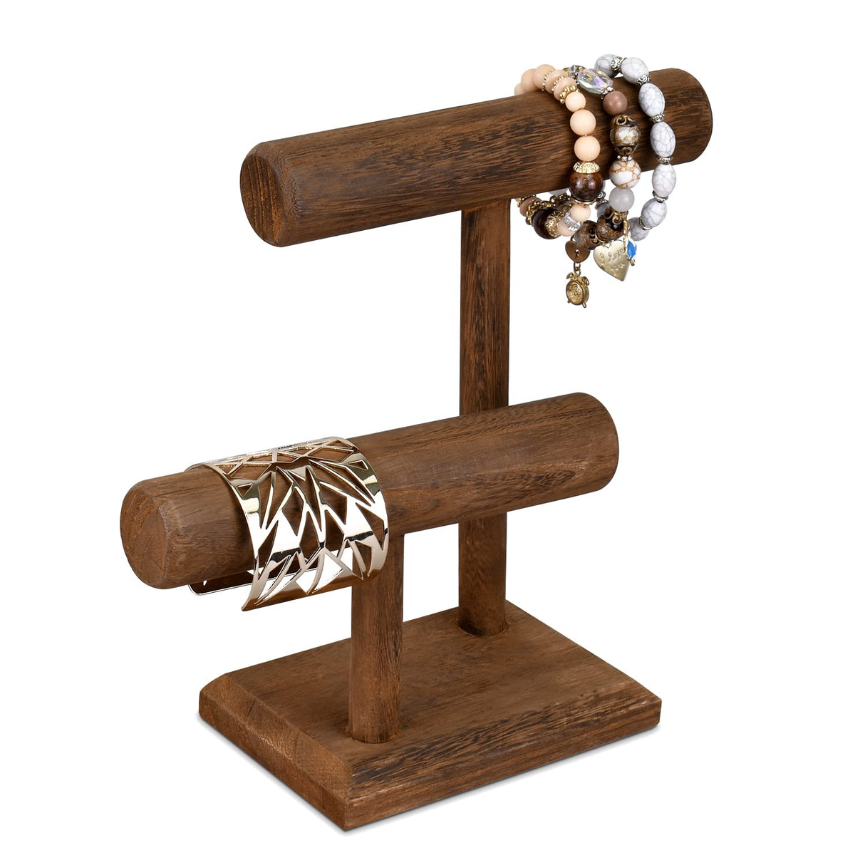 Ikee Design 2 Tier Wooden Jewelry Bracelet Watch Display Tower, Bangle Scrunchie Necklace Holder Storage Stand, 7.9 W x 4.3 D x 9.4 H in, Brown Color Ikee Design