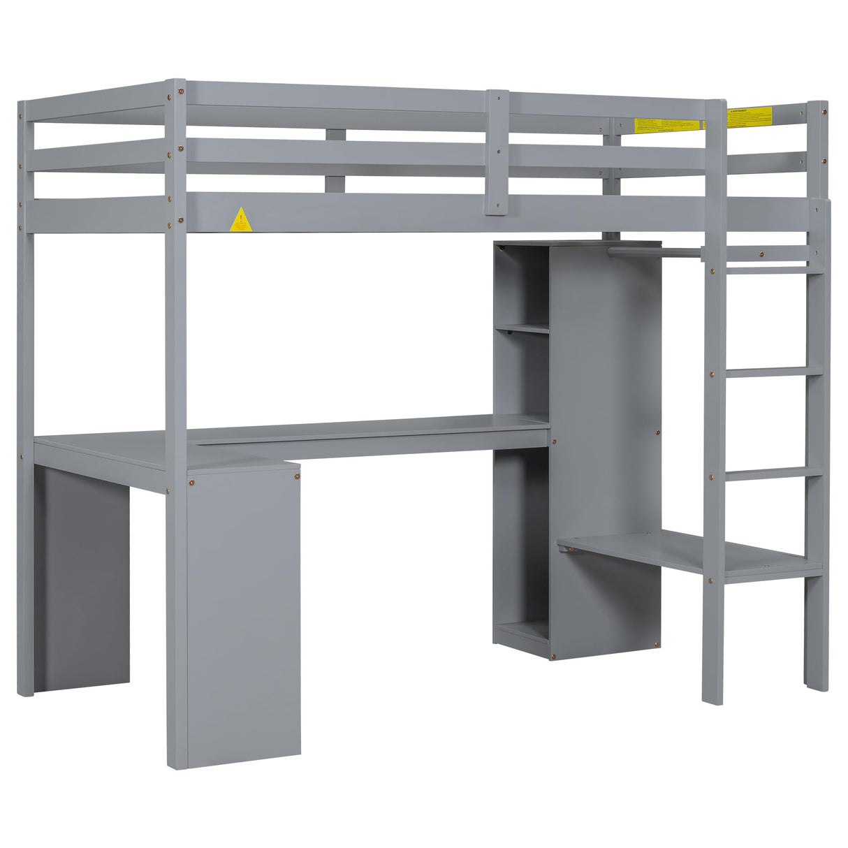 Janusline Twin Size Loft Bed Frame with Built-in L Shaped Desk, Wood Loft Bed with Wardrobe and Storage Shelves, Full-Length Guardrail & Ladder, Heavy Duty Lofts Beds for Teens Adults, Grey Janusline