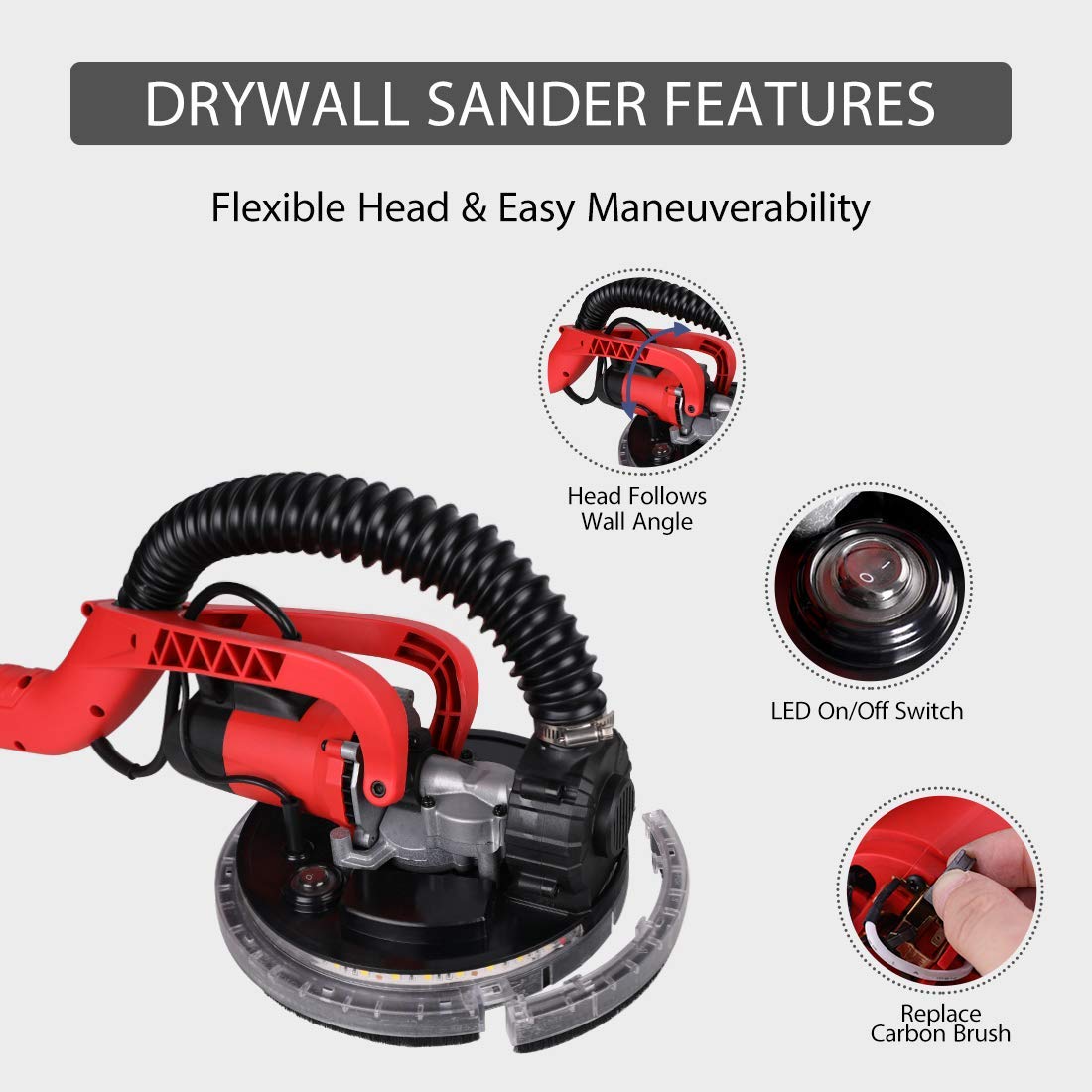 POWER PRO 1850 Electric Drywall Sander - Variable Speed 1000-1850rpm, 750 Watts, with Automatic Vacuum System, LED Light, and Tool Case (1850) Power Pro 2100