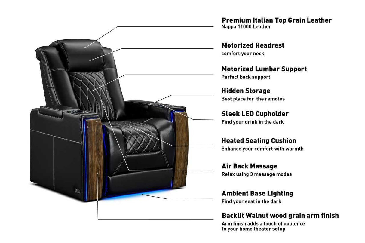 Valencia Tuscany Executive Premier Home Theater Seating with Heat & Massage, Top Grain Italian Nappa 11000 Leather Power Recliner Chair with Headrest & Lumbar Support (Row of 2 Loveseat, Black) VALENCIA THEATER SEATING