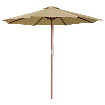 Yescom 9ft Tan Wooden Outdoor Patio Table Umbrella with Pulley Market Garden Yard Beach Deck Cafe Decor Sunshade