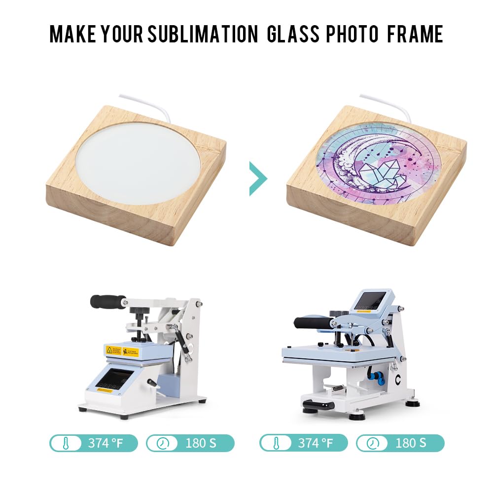 PYD Life 6 Pack Sublimation Night Lights Blanks LED Glass Photo Frames Panels White 3.5" Round with Warm Light,with 3.9" Square Wooden Display Base for Heat Press Machine Printing PYD Life