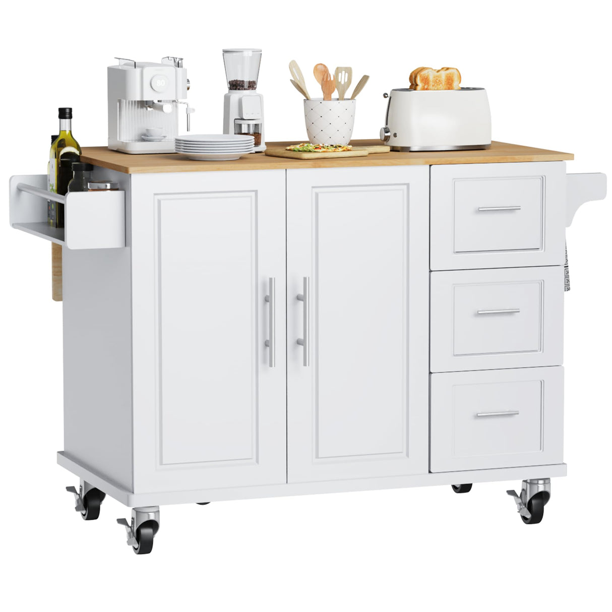 HiDSLiving Kitchen Island 54" Large Rolling Kitchen Island Cart On Wheels with Drop Leaf 3 Drawers 1 Cabinet,Spice Towl Rack Mobile Kitchen Table with Storage, White HiDSLiving