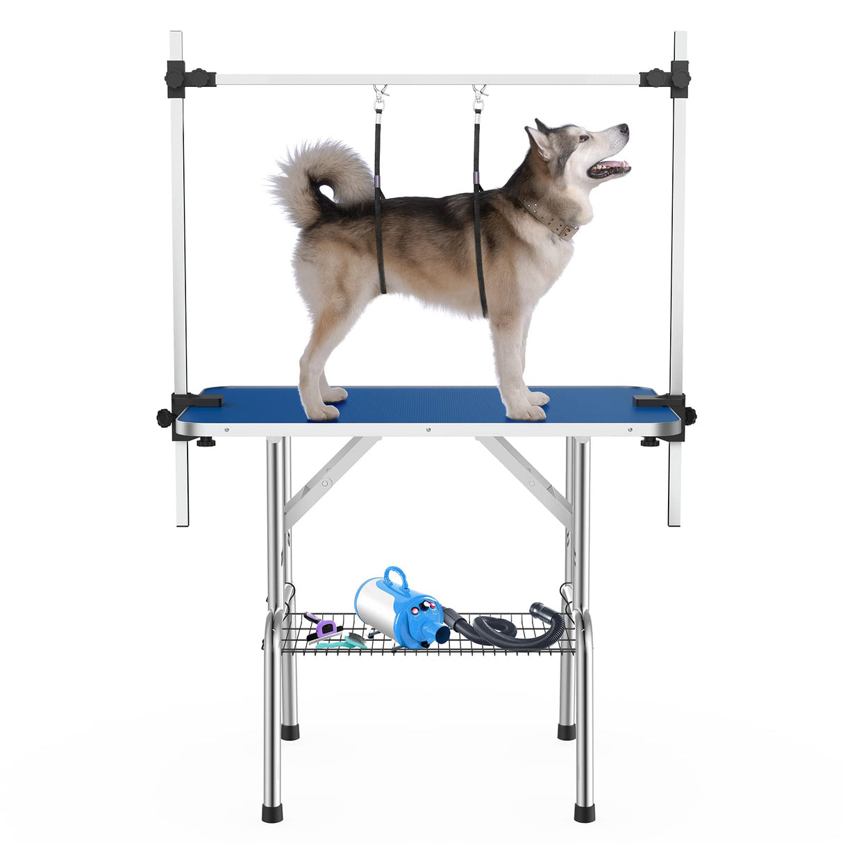 APRILSOUL 42 Inch Pet Grooming Table for Medium Dogs,Adjustable Height,Foldable,Anti-Slip Surface,with Arms, Nooses, Mesh Tray APRILSOUL