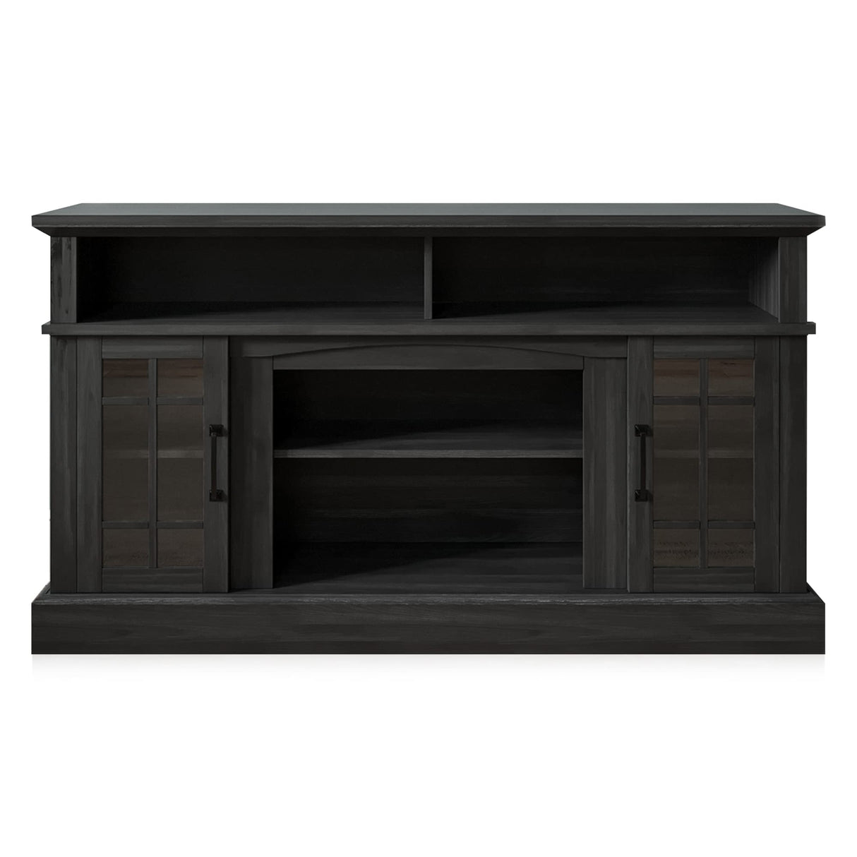 BELLEZE 58 Inch TV Stand, Rustic Wood Entertainment Center for TVs up to 65", Contemporary Media Console Table with Two Open Shelves and Glass Door Cabinets - Astorga (Rustic Grey) BELLEZE