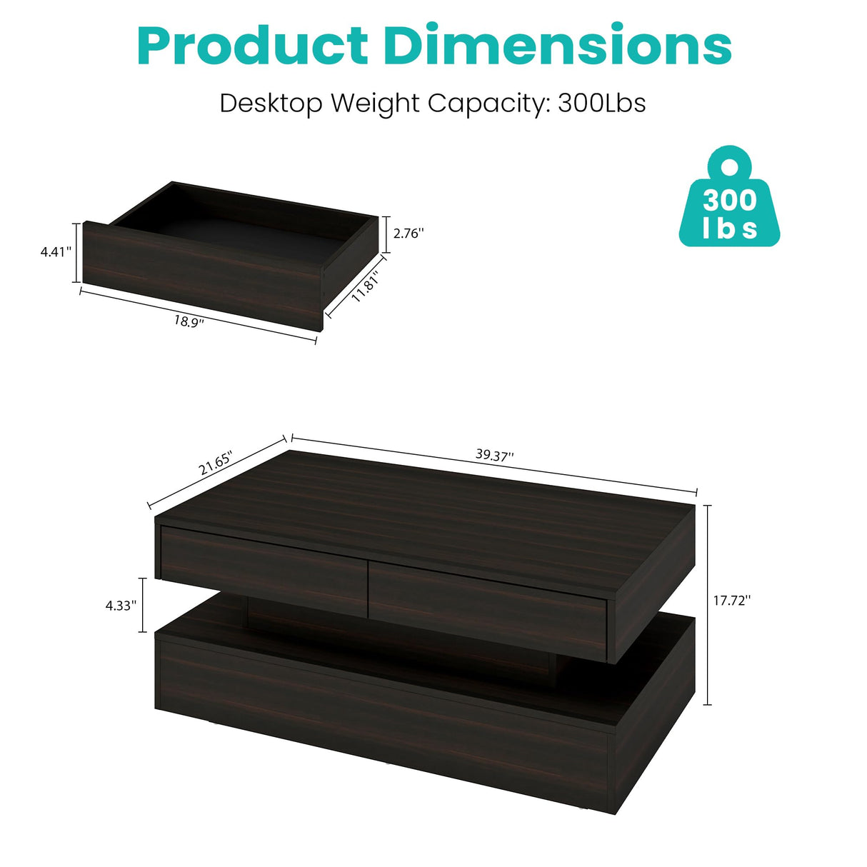 Coffee Table for Living Room, Modern Coffee Table with 2 Storage Drawers, 2 Tier Center Table Wood Coffee Tables with 20 Colors LED Lights, Mesa de Centro para Sala (Black and Brown) MWOOD