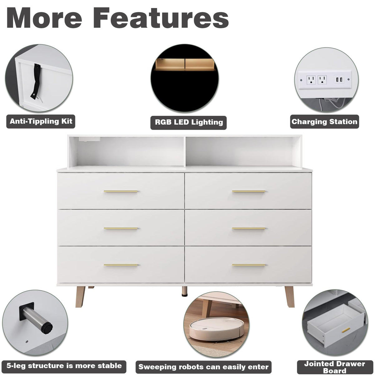 UNIQUITE 6 Drawers Dresser with LED Light and Power Outlet, Wood White Dressers for Bedroom & Chests of Drawers, Large Double Dressers for Bedroom, Living Room, Entryway, Hallway UNIQUITE