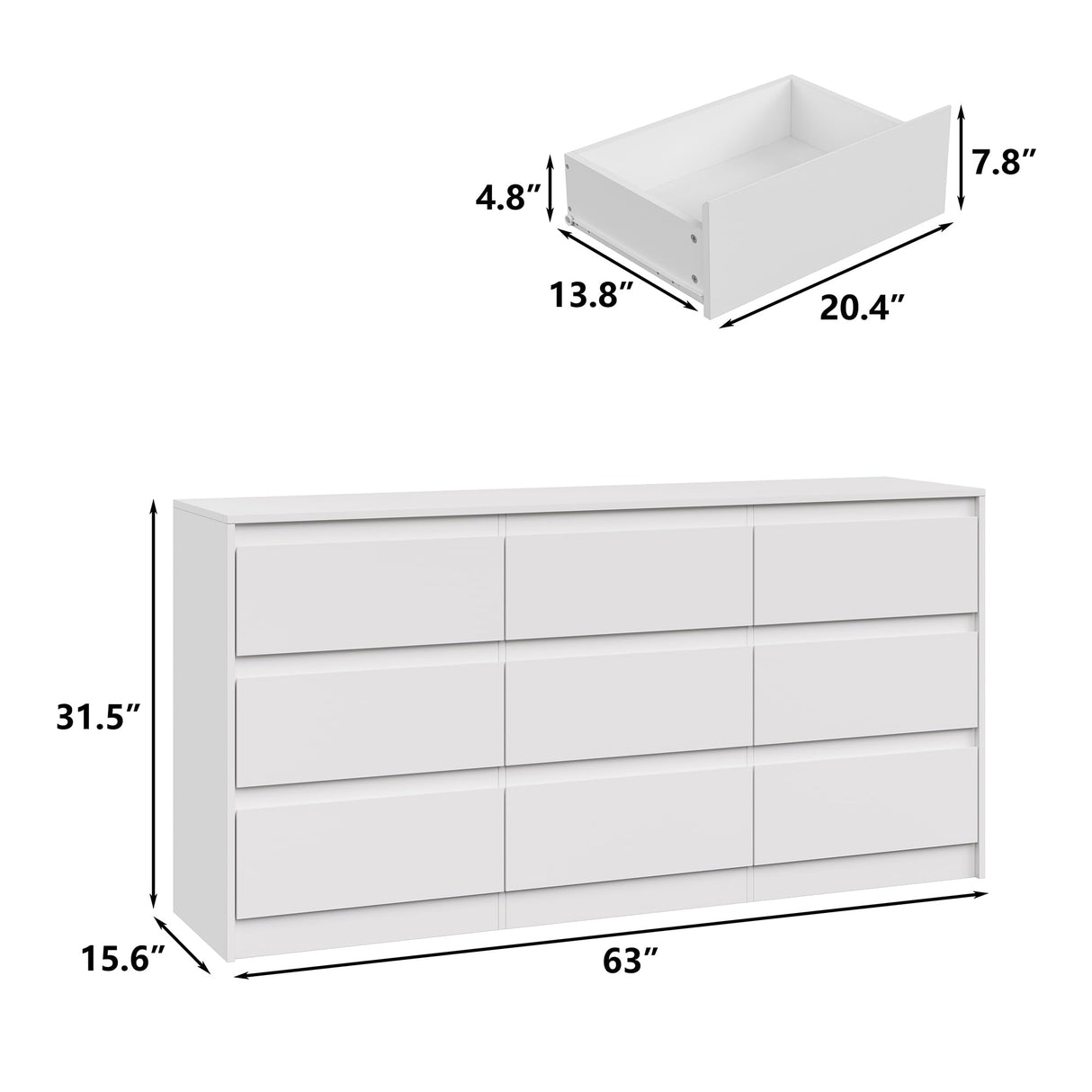 Furniouse Modern 9 Large Storage Drawers Dresser for Clothes Organizer, White Modern Chest of Drawers for Closet,63" Long Drawer Organizer Cabinet for Bedroom,Living Room,Entryway,Hallway Furniouse