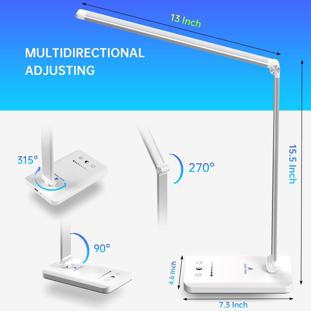 Ambertronix LED Desk Lamp with USB Charging Port, Dimmable Eye-Caring Reading Desk Light for Home, with 5 Brightness Level & 3 Lighting Modes, Touch Control, Auto Timer (White) Ambertronix