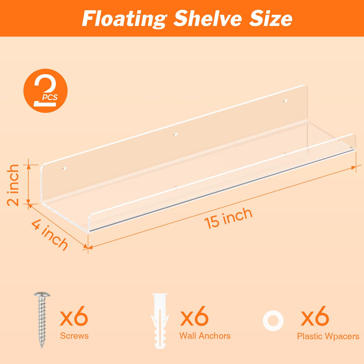 Dooiclear 2 Pack Floating Shelves for Wall, 15" Clear Book Shelf, Acrylic Floating Wall Shelf, Display Shelves Organizer for Bathroom, Classroom, Bedroom, Living Room, Kitchen, Room Decor Dooiclear
