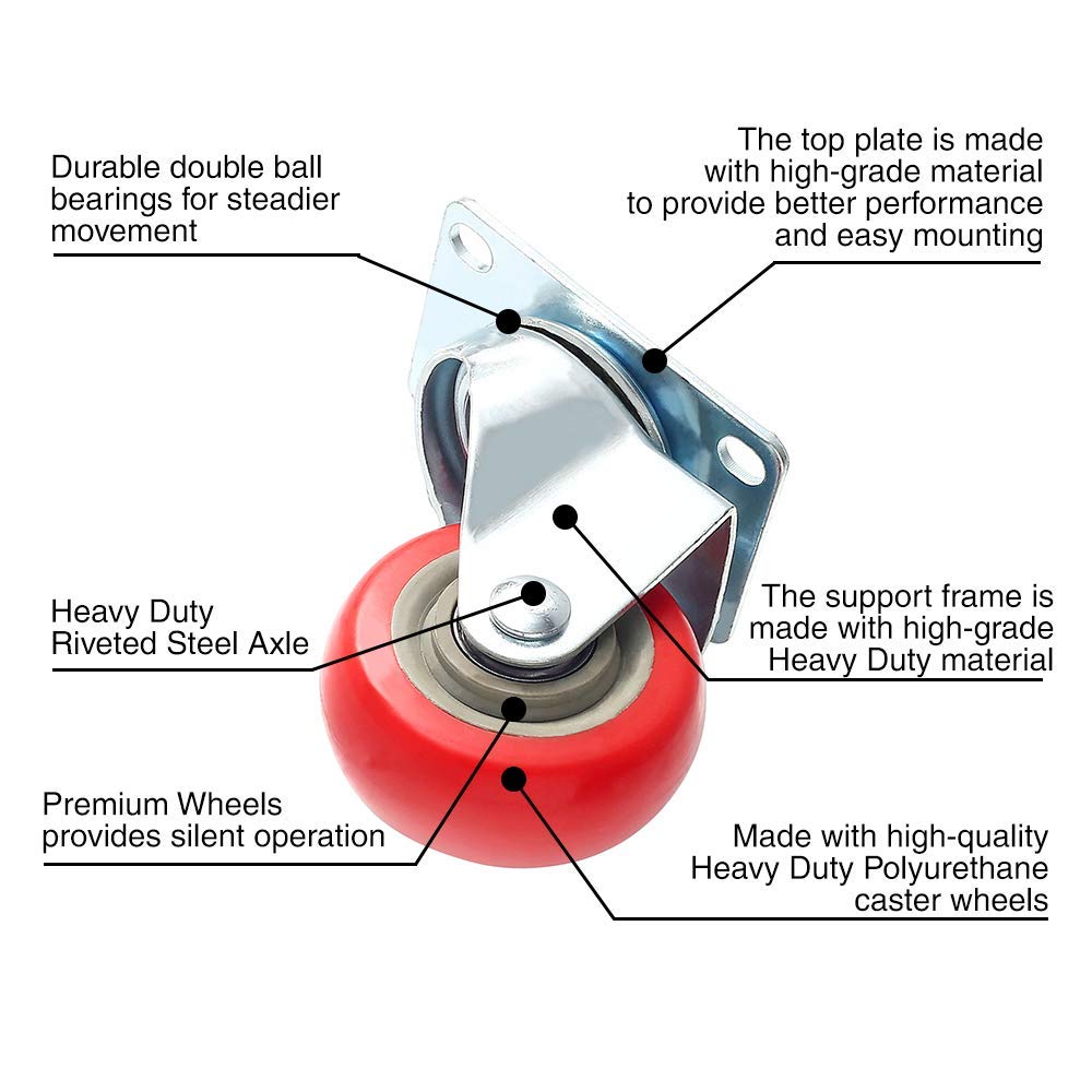8 Pack 3 Inch Combo Caster Swivel Plate 4 w/Brake & 4 Plate Heavy Duty on Red PU Wheels with Heavy Duty Screws FactorDuty