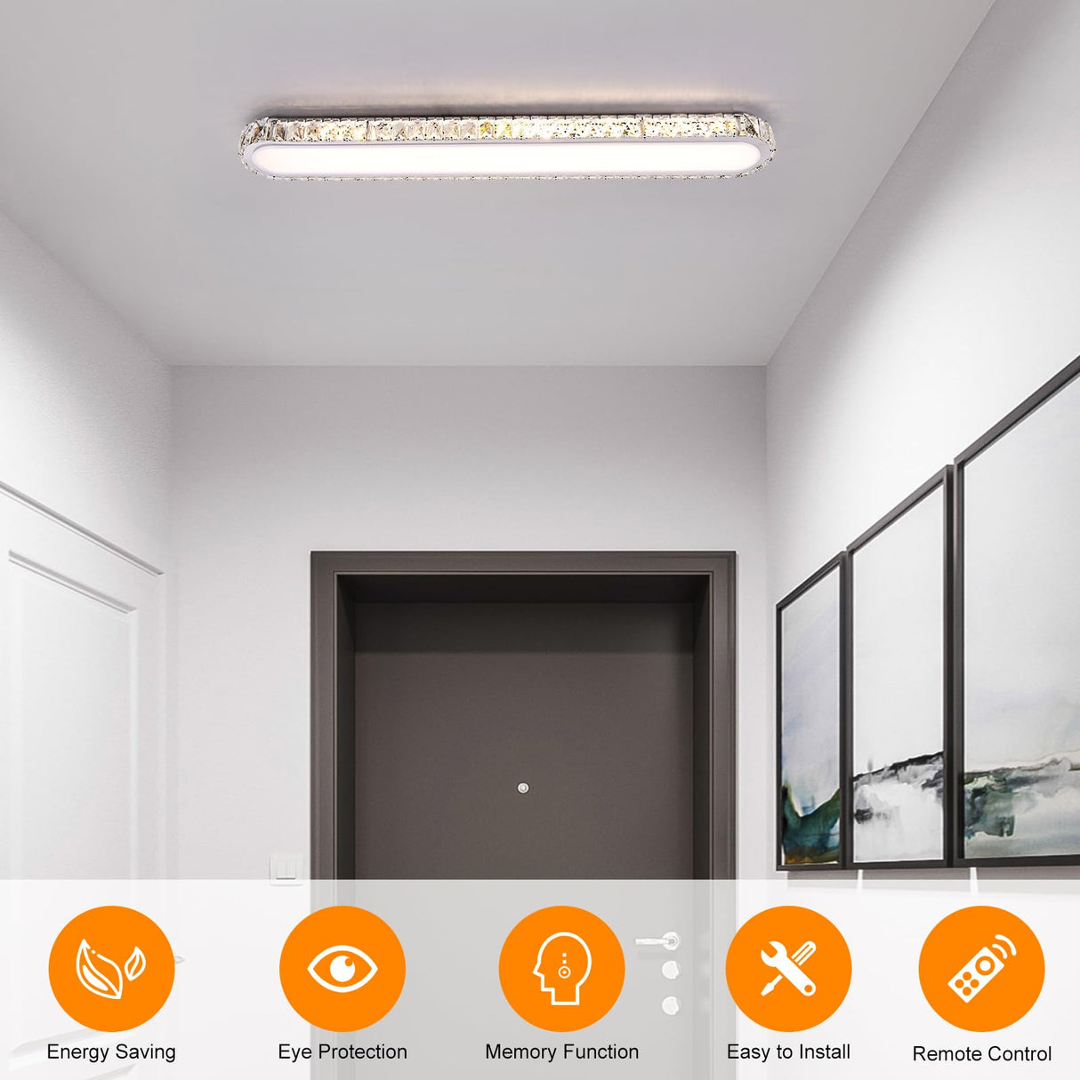 Qcyuui Dimmable LED Ceiling Light 39.4'' Kitchen Lighting Fixtures Ceiling Modern Luxury Crystal Ceiling Light with Remote Chrome Long Ceiling Light Fixture for Kitchen Dining Room Hallway,48W Qcyuui