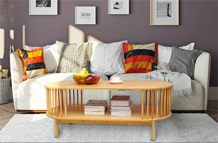 VaeFae Oval Coffee Table, Bamboo Coffee Table for Living Room, 2-Tier Wooden Farmhouse Center Table with Storage Shelf VaeFae